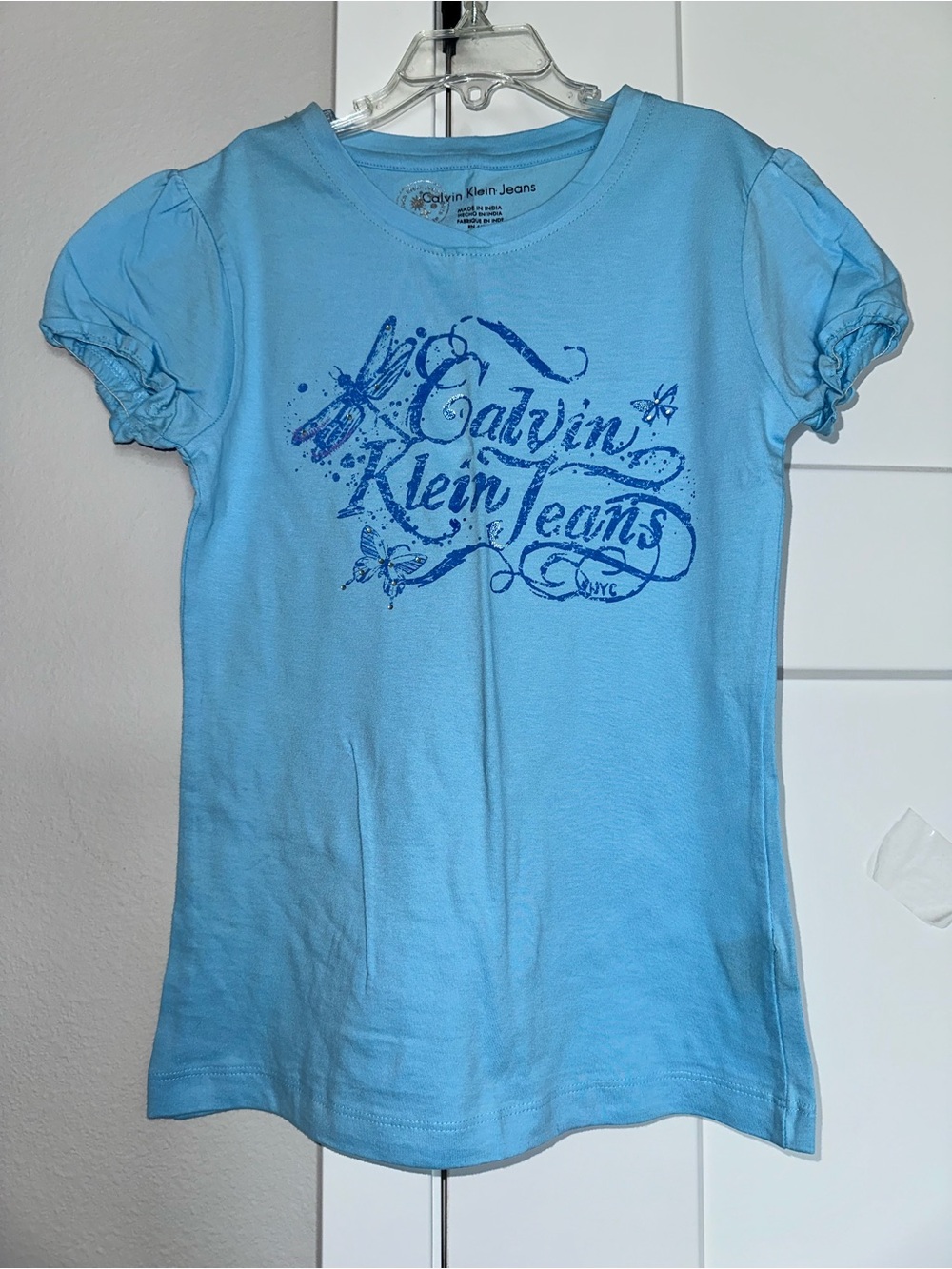 Calvin Klein Jeans Sky Blue Puff Sleeve Graphic Tee size L girls’